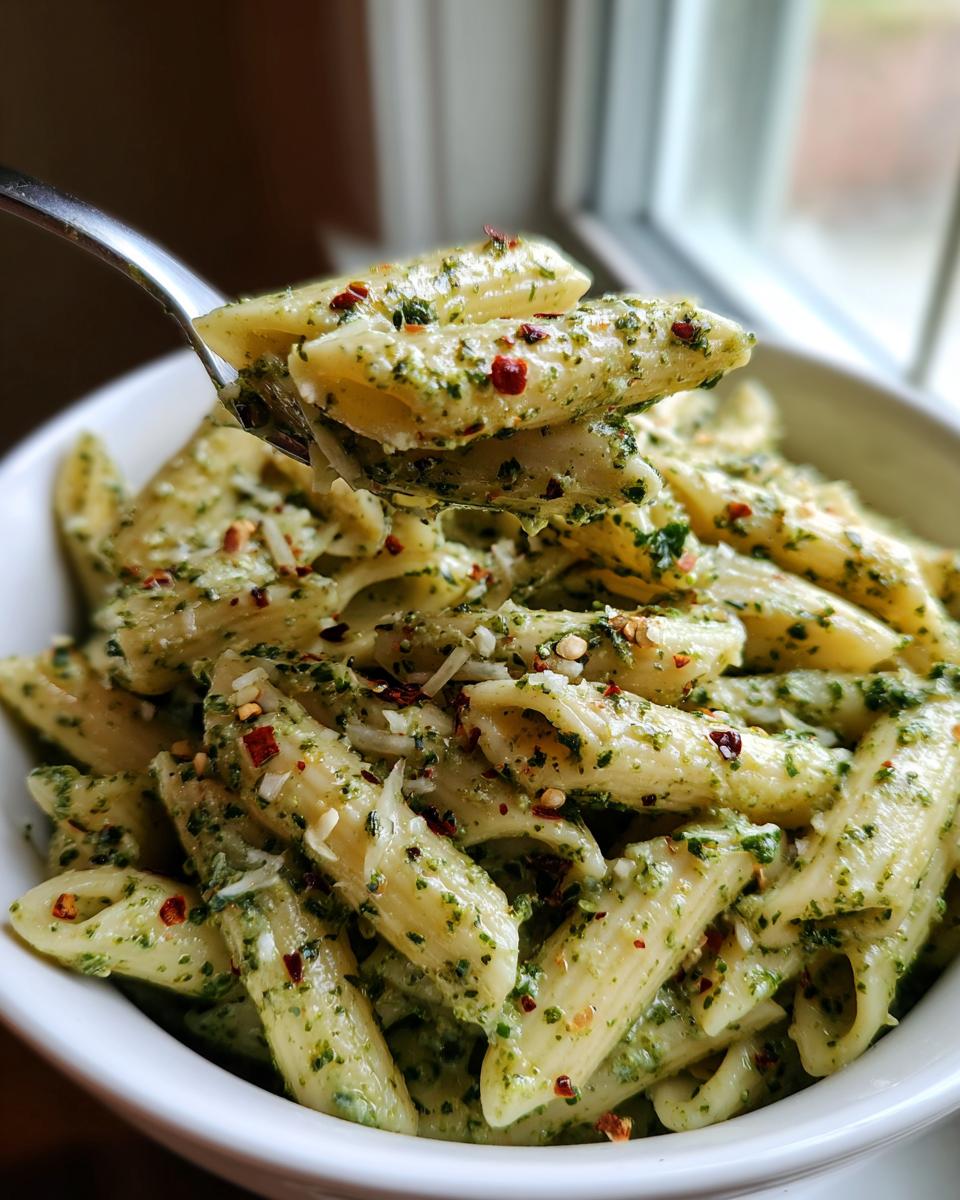 A fork lifting penne pasta coated in creamy pesto sauce, topped with Parmesan and red pepper flakes, showcasing the creamy pesto pasta.
