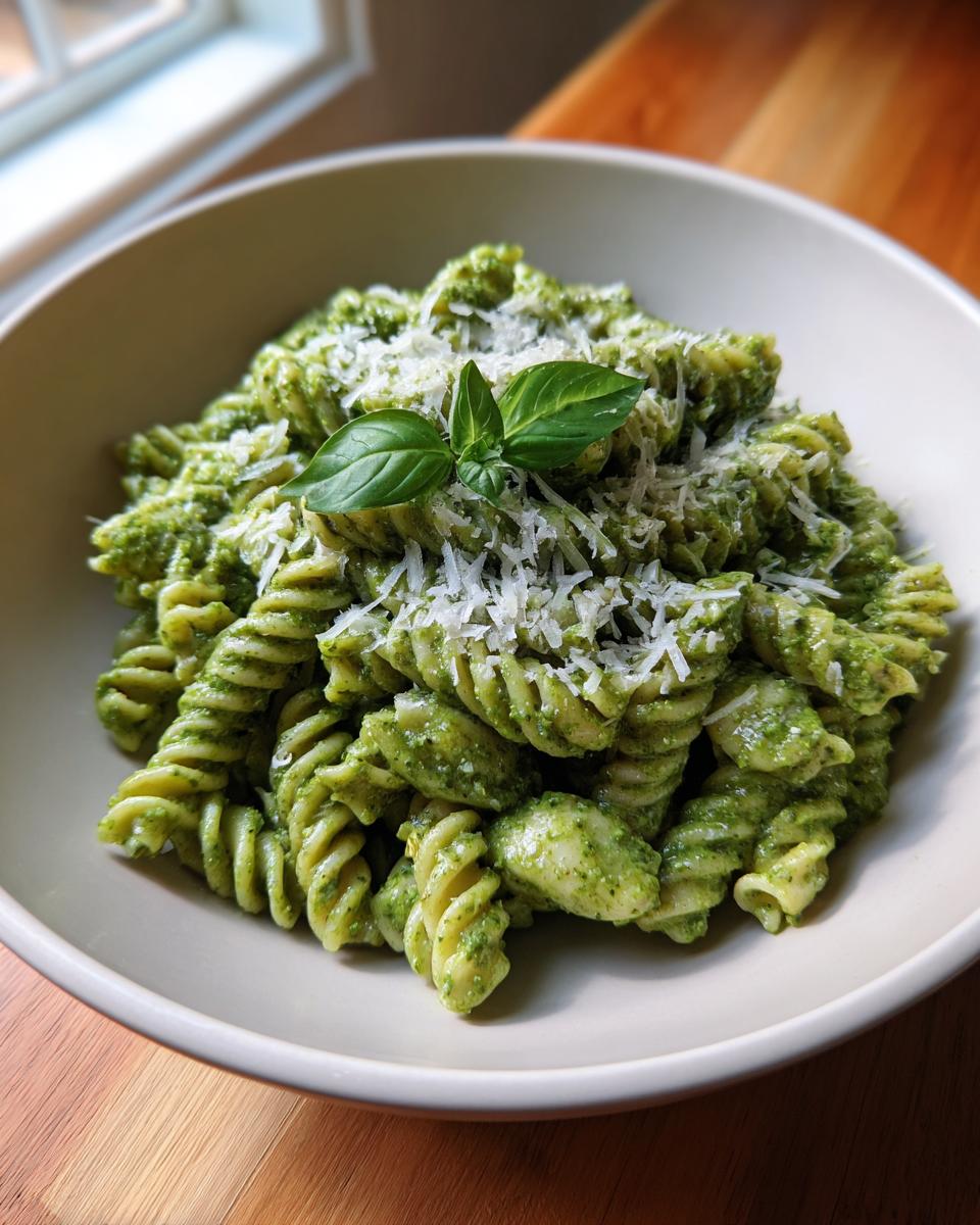 A bowl of creamy pesto pasta made with fusilli, topped with grated Parmesan cheese and fresh basil.