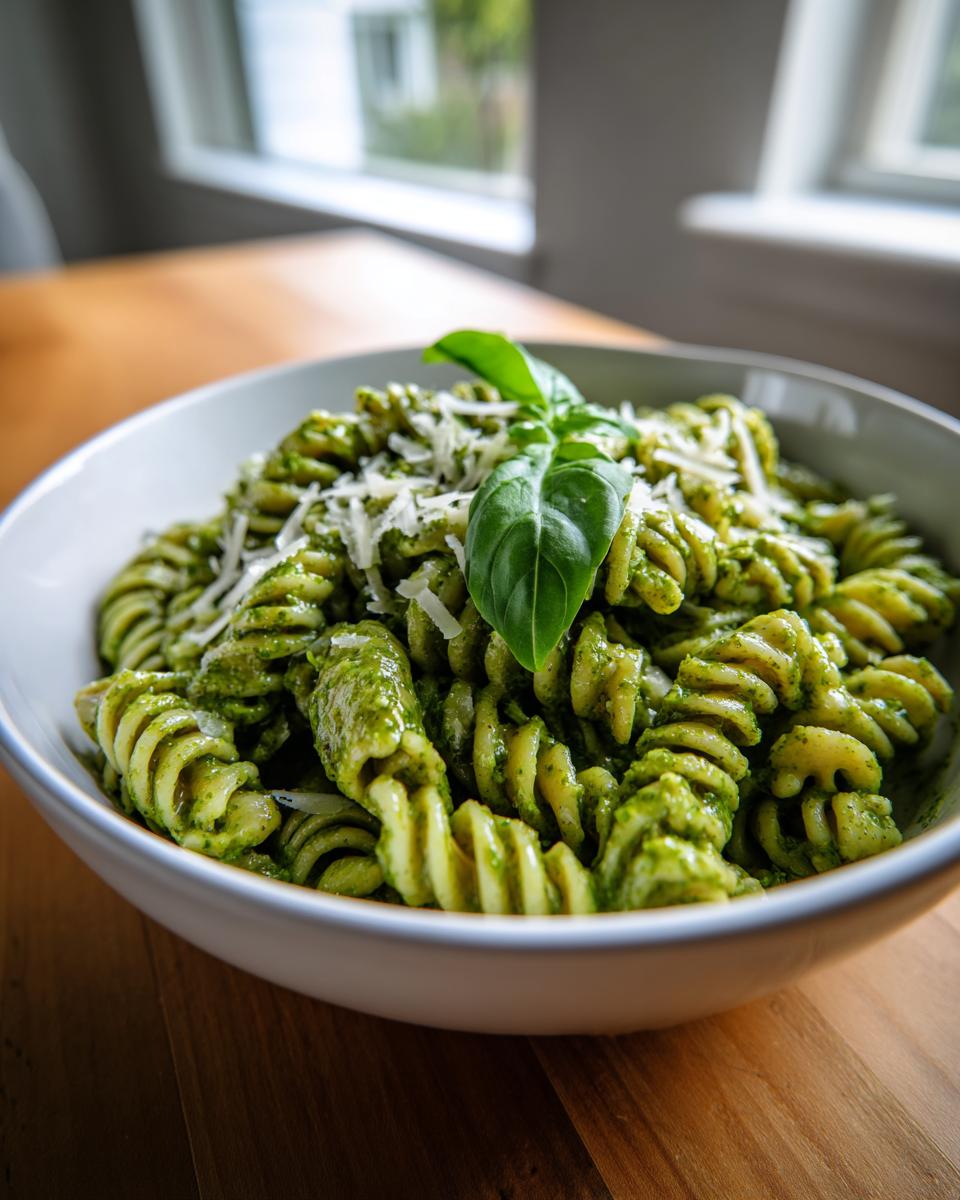 Close-up of a bowl of creamy pesto pasta made with fusilli, topped with grated Parmesan and a fresh basil leaf.