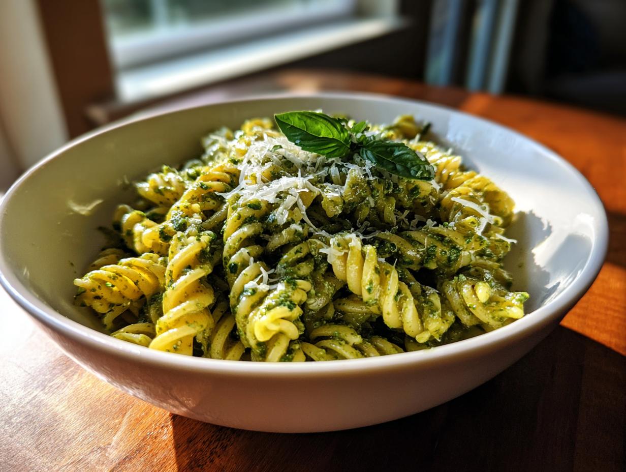 A bowl of creamy pesto pasta made with fusilli, topped with grated Parmesan and fresh basil.