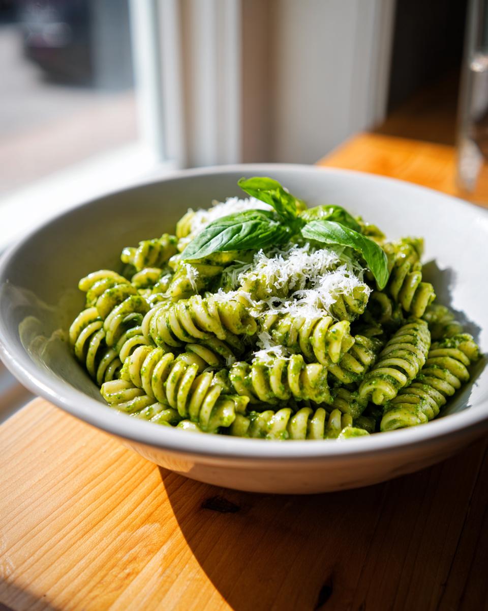 A bowl of creamy pesto pasta made with fusilli, topped with grated Parmesan cheese and fresh basil leaves.