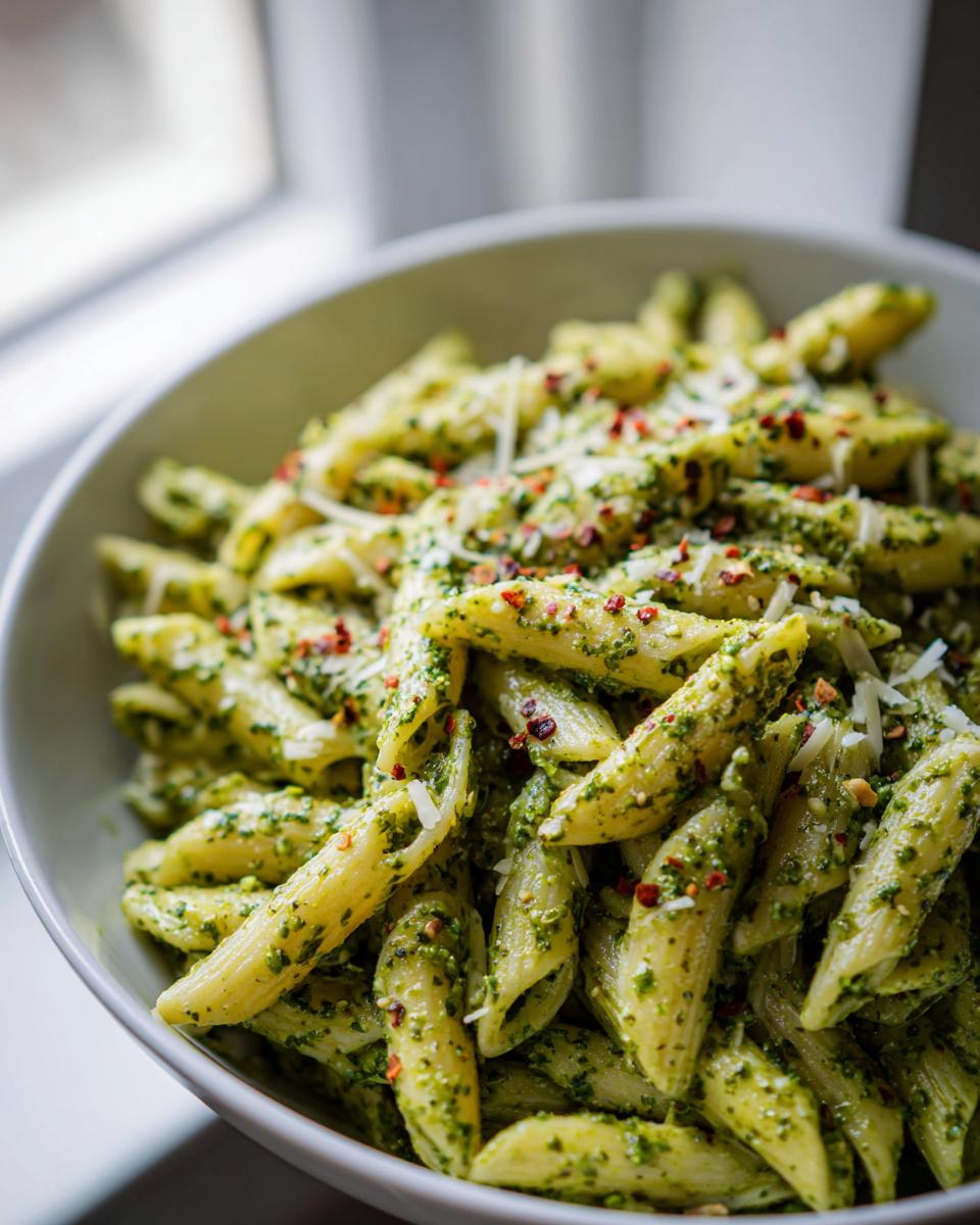 A close-up view of penne pasta coated in vibrant green creamy pesto pasta, topped with grated cheese and red pepper flakes.
