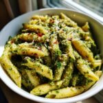 A close-up shot of penne pasta coated in vibrant green creamy pesto pasta, topped with grated cheese and red pepper flakes.