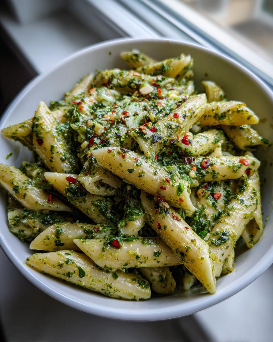 A close-up view of penne pasta coated in rich, creamy pesto pasta sauce and topped with red pepper flakes.