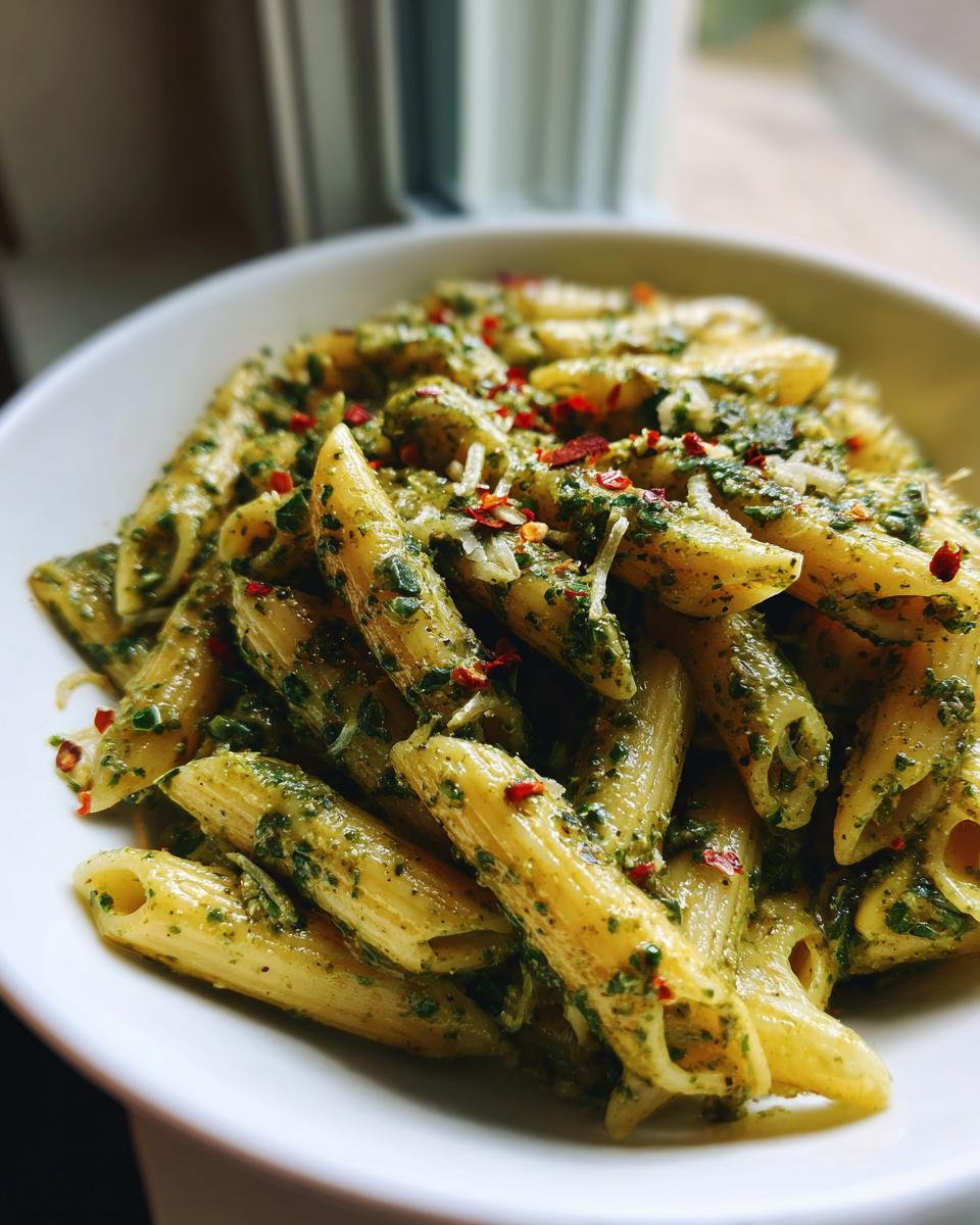 A close-up shot of penne pasta coated in creamy pesto pasta sauce, topped with grated cheese and red pepper flakes.