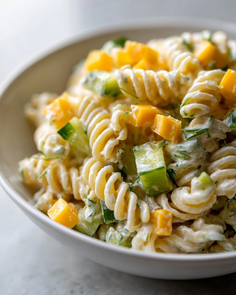 Close-up of creamy pickle pasta salad featuring fusilli pasta, diced pickles, and fresh dill in a white bowl.