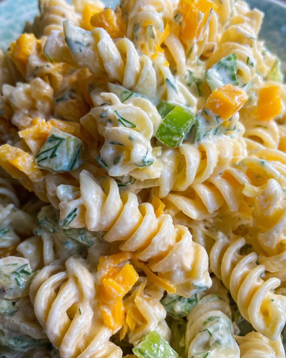 Extreme close-up of creamy pickle pasta salad featuring rotini pasta, orange bell pepper chunks, and green herbs.