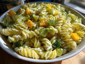 A close-up of a creamy pickle pasta salad featuring fusilli pasta, diced pickles, yellow pepper, and fresh dill.