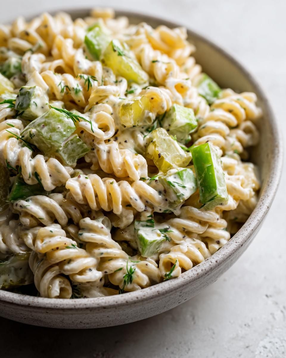 Close-up of creamy pickle pasta salad made with fusilli, chunks of green pickles, and fresh dill.