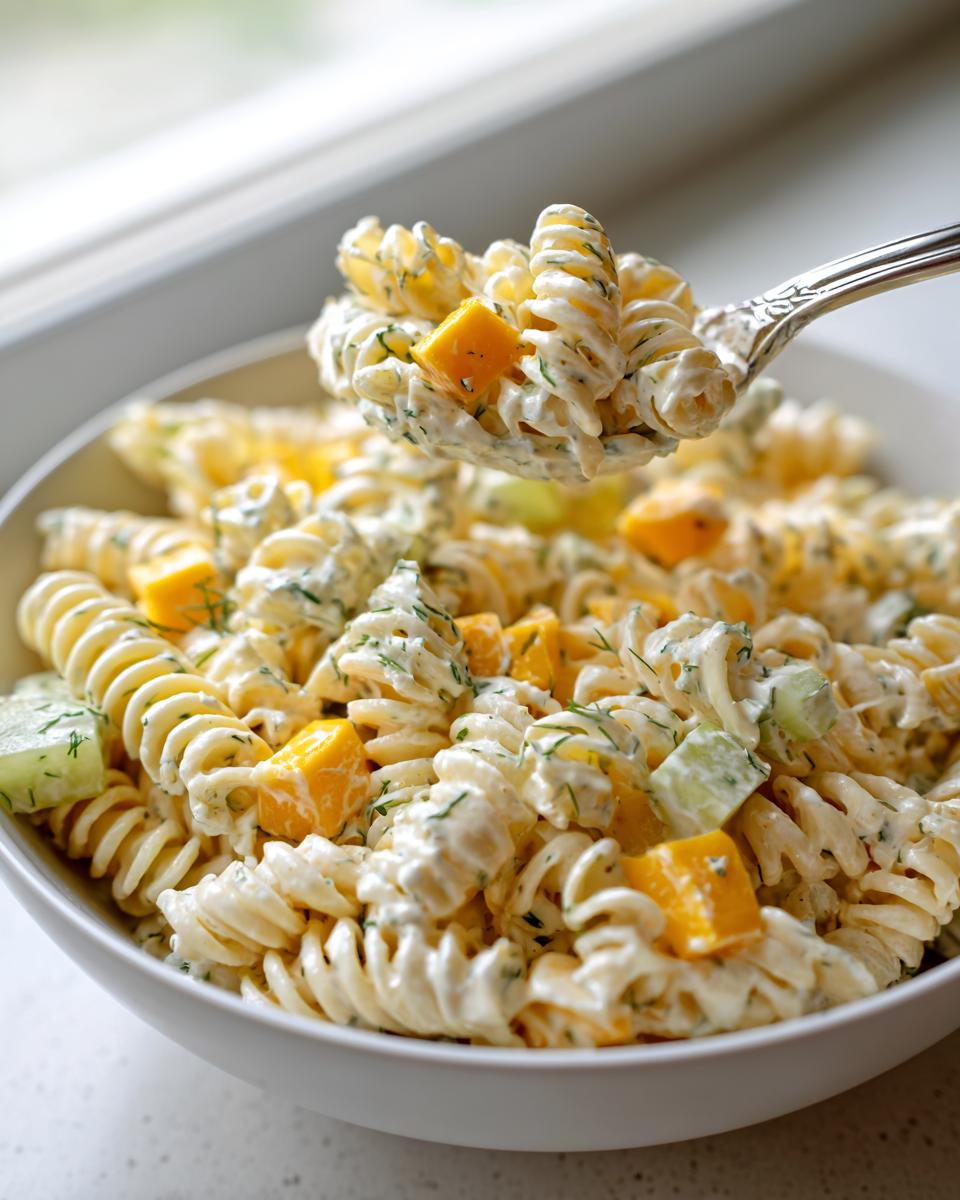 A spoonful of creamy pickle pasta salad featuring rotini pasta, orange cheddar cubes, and dill being lifted from a white bowl.