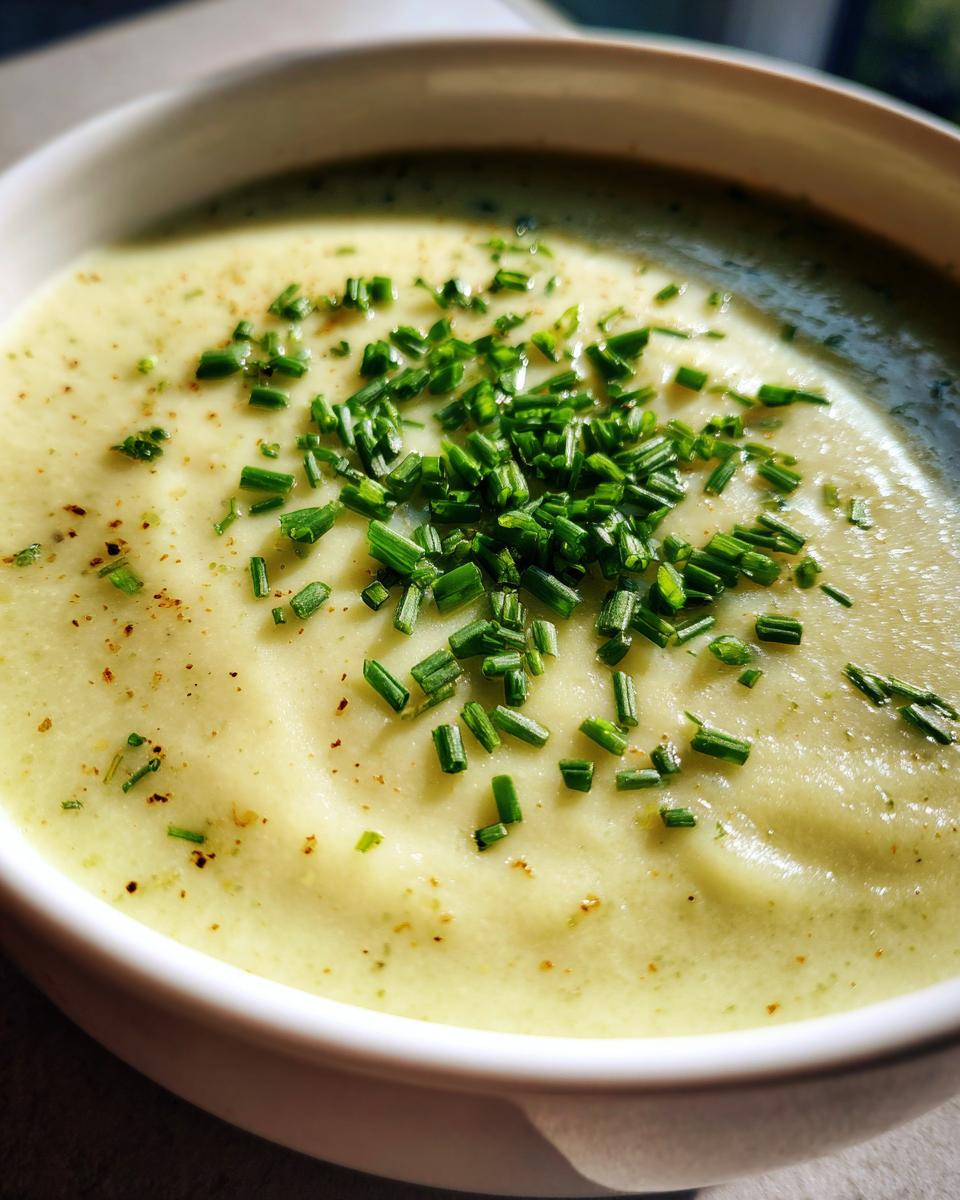 Close-up of creamy potato leek soup garnished generously with freshly chopped green chives and pepper.