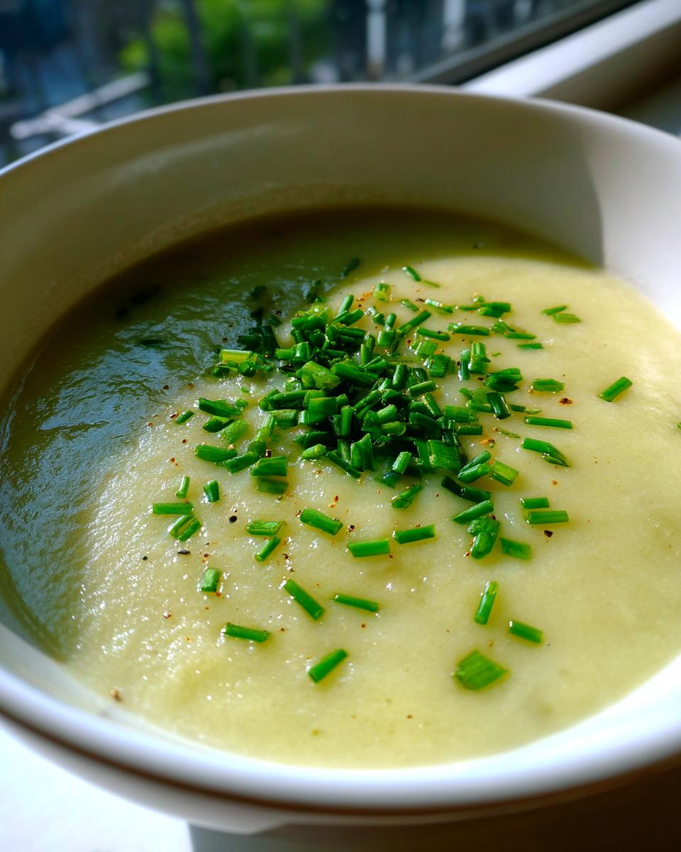 Close-up of a bowl of creamy potato leek soup garnished generously with chopped fresh chives and pepper.