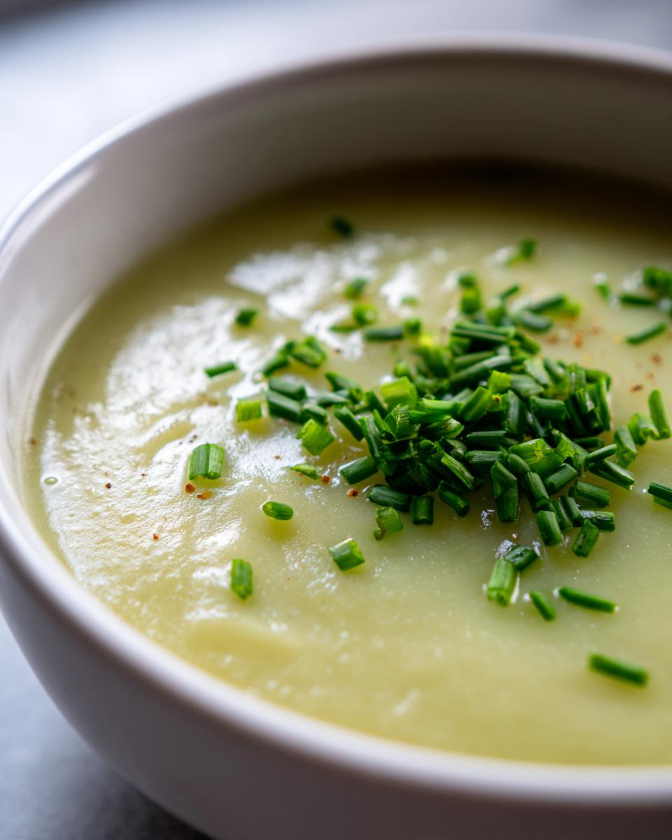 Close-up of a bowl of creamy potato leek soup garnished generously with chopped fresh green chives.