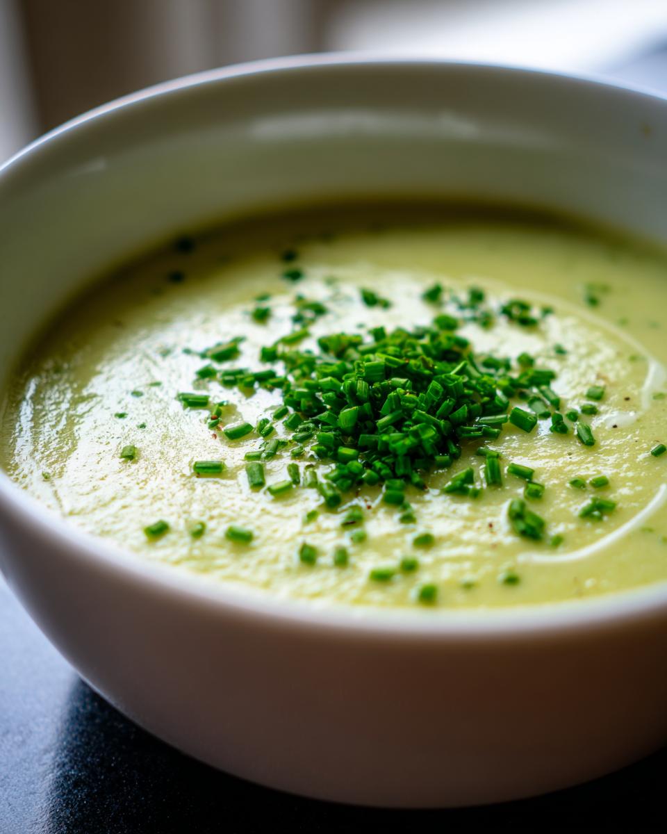 Close-up of a bowl of creamy potato leek soup garnished generously with bright green chopped chives.