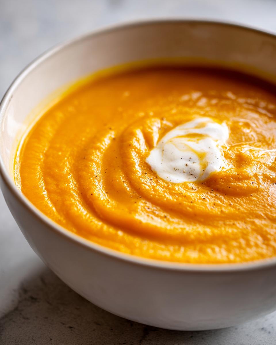 Close-up of a bowl of vibrant orange pumpkin soup topped with a dollop of cream and black pepper.