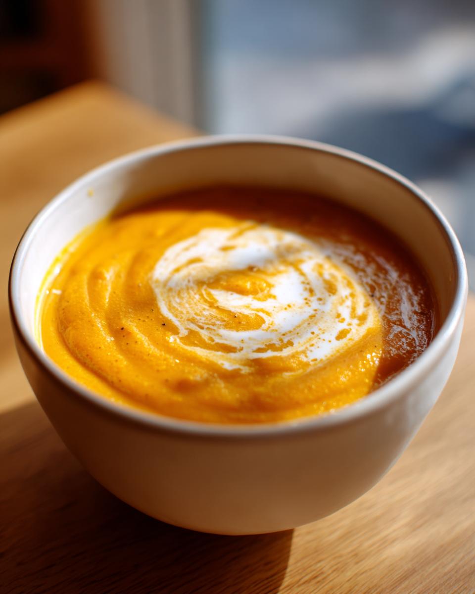 Close-up of a vibrant orange bowl of pumpkin soup, swirled with cream.
