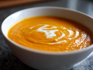 Close-up of a bowl of vibrant orange pumpkin soup garnished with a swirl of white cream.