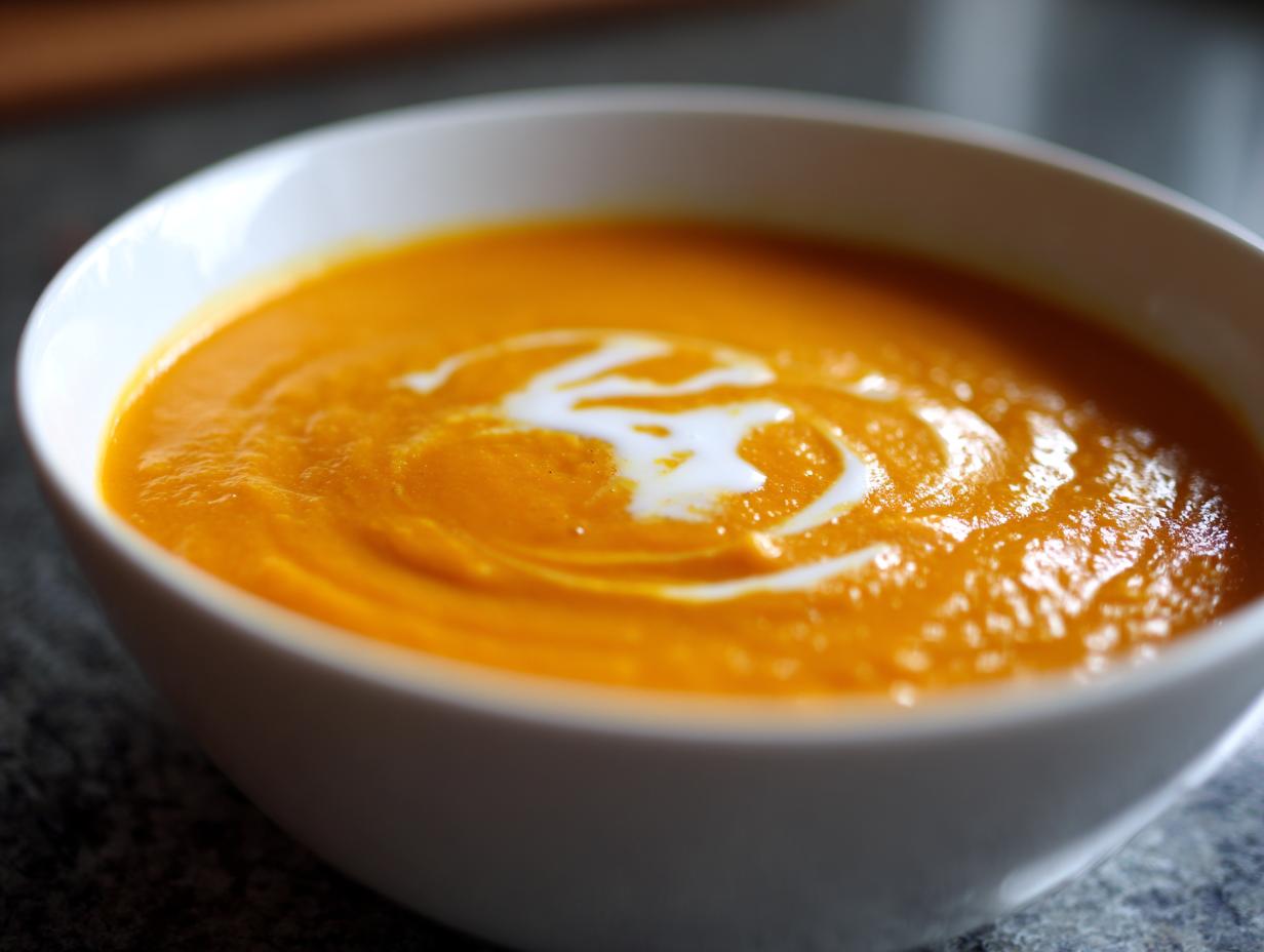 Close-up of a bowl of vibrant orange pumpkin soup garnished with a swirl of white cream.