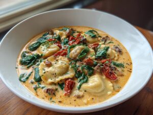 A close-up of a white bowl filled with creamy ravioli soup, featuring pasta, spinach, and sun-dried tomatoes.