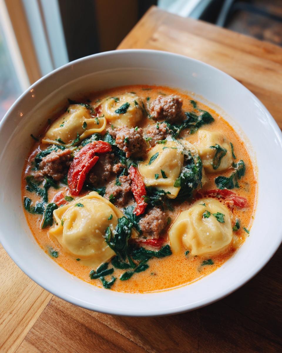 A close-up of a bowl of creamy ravioli soup featuring tortellini, crumbled sausage, spinach, and sun-dried tomatoes.