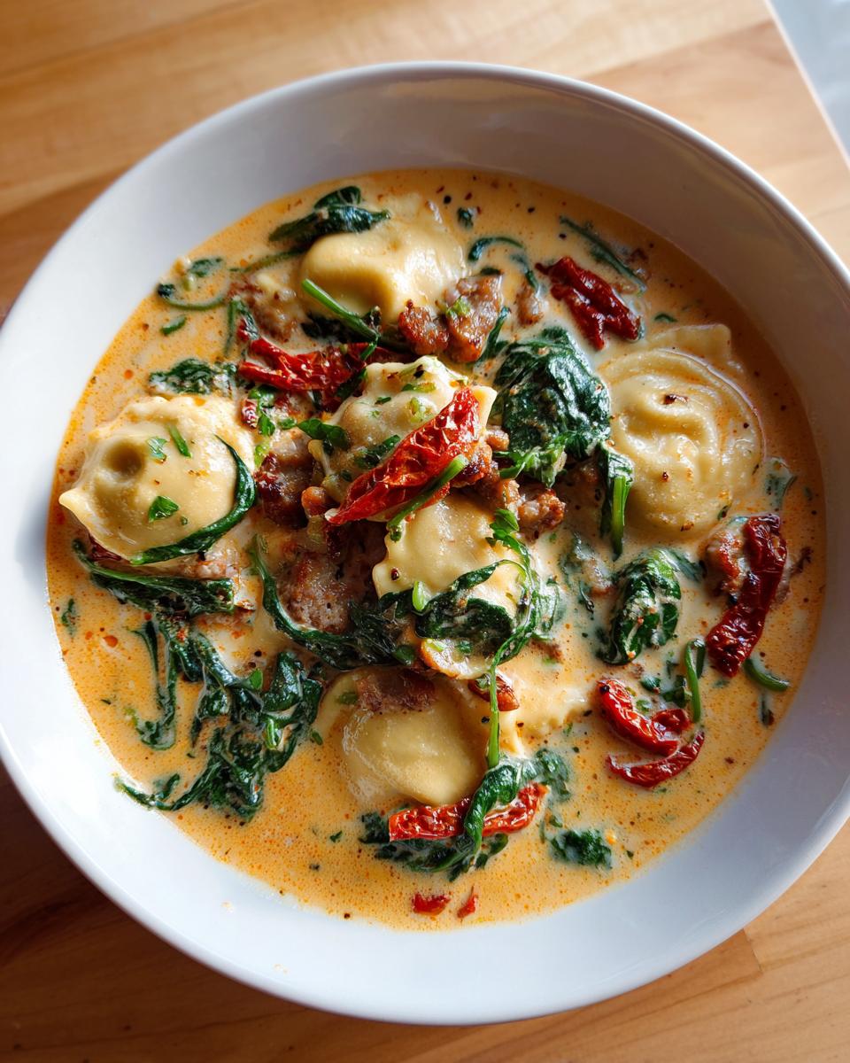 A close-up overhead view of creamy ravioli soup featuring cheese ravioli, wilted spinach, sausage, and sun-dried tomatoes.