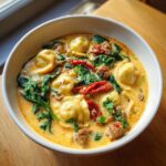 A close-up of a bowl of creamy ravioli soup featuring cheese ravioli, spinach, sausage, and sun-dried tomatoes.