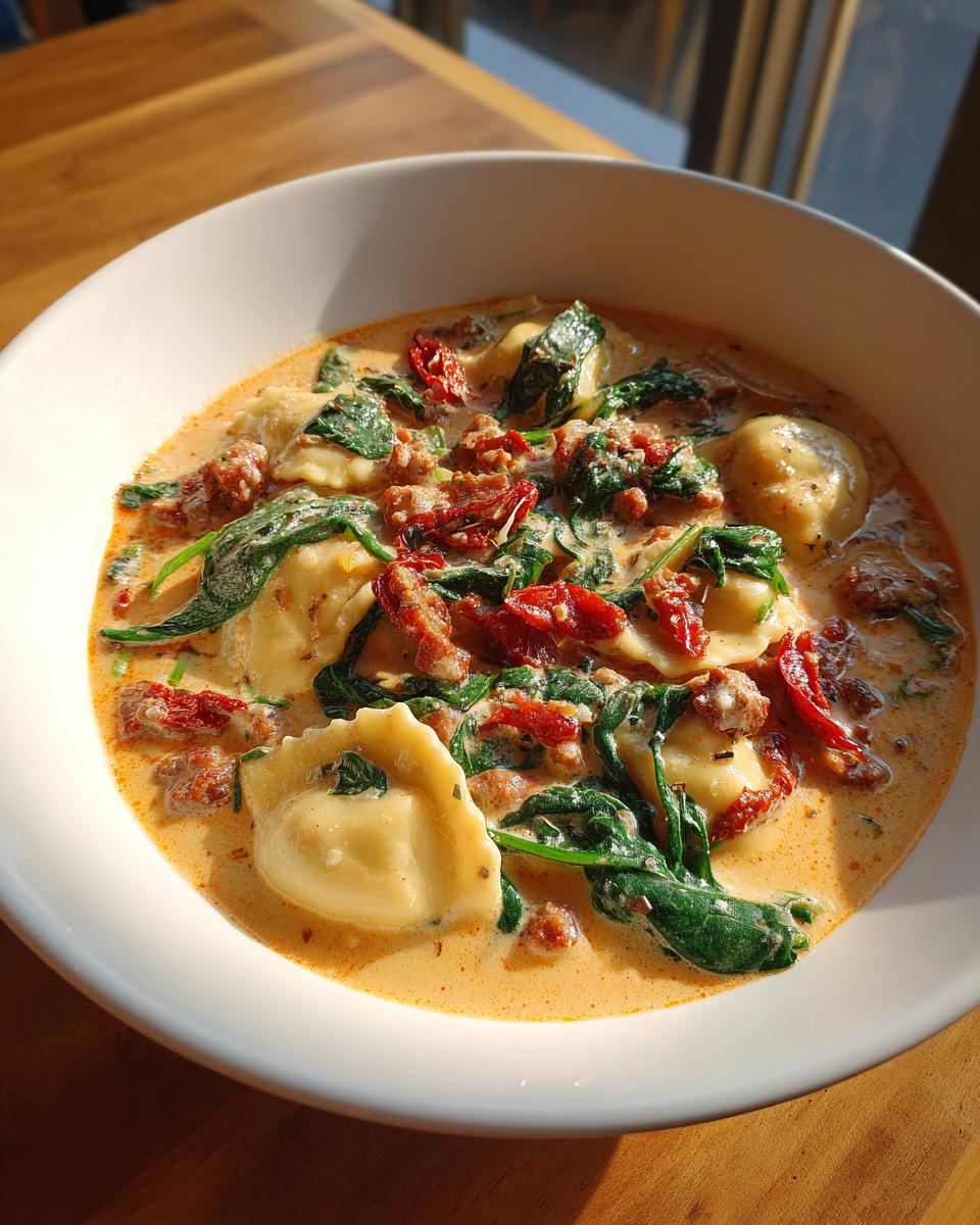 Close-up of a bowl of creamy ravioli soup featuring cheese ravioli, wilted spinach, and sun-dried tomatoes.