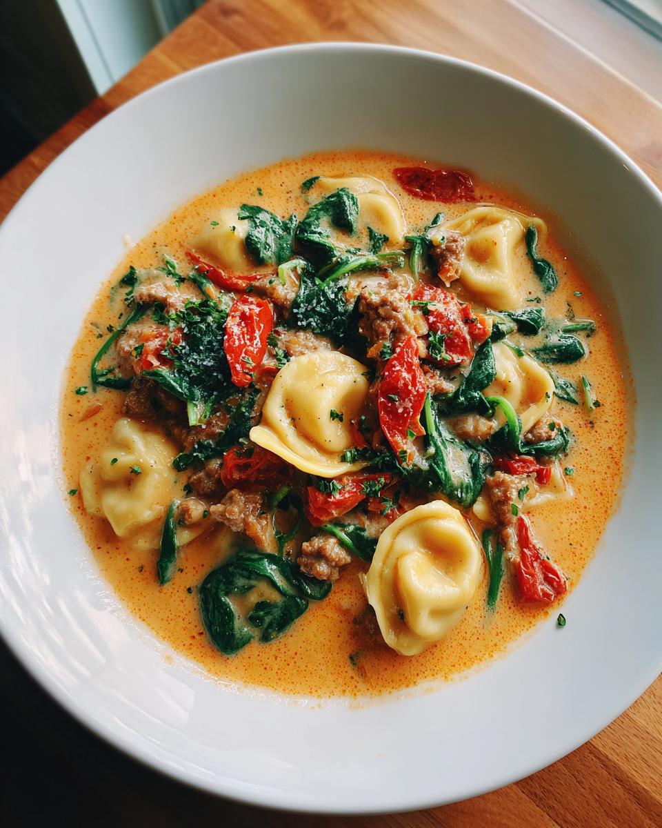 A close-up of a white bowl filled with creamy ravioli soup featuring tortellini, spinach, sausage, and sun-dried tomatoes.