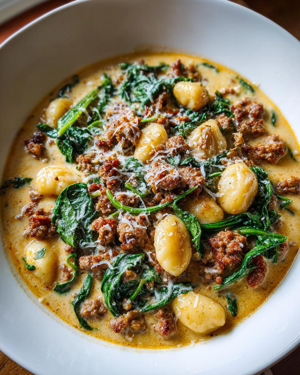 A close-up view of a hearty bowl of sausage gnocchi soup, featuring potato dumplings, browned sausage, wilted spinach, and grated cheese.