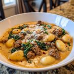 A close-up of a bowl of creamy sausage gnocchi soup, topped with spinach, ground sausage, and grated Parmesan cheese.