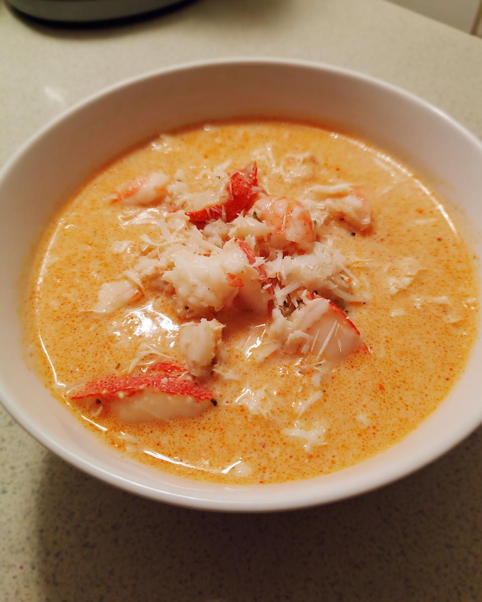 Close-up of a creamy, orange-hued seafood soup topped generously with chunks of lobster/crab meat.