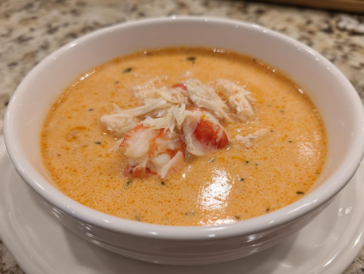 Close-up of a creamy, orange-hued seafood soup topped with shredded crab and chunks of lobster.