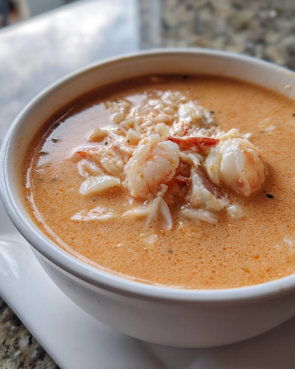 Close-up of a creamy, orange-hued seafood soup garnished generously with white crab meat and pink shrimp pieces.