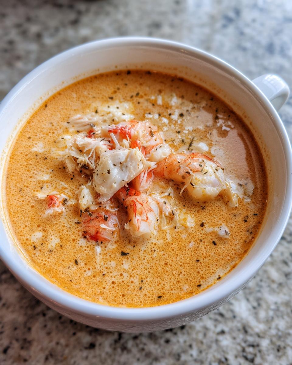 Close-up of a creamy, orange-hued seafood soup topped with chunks of shrimp and shredded crab meat.