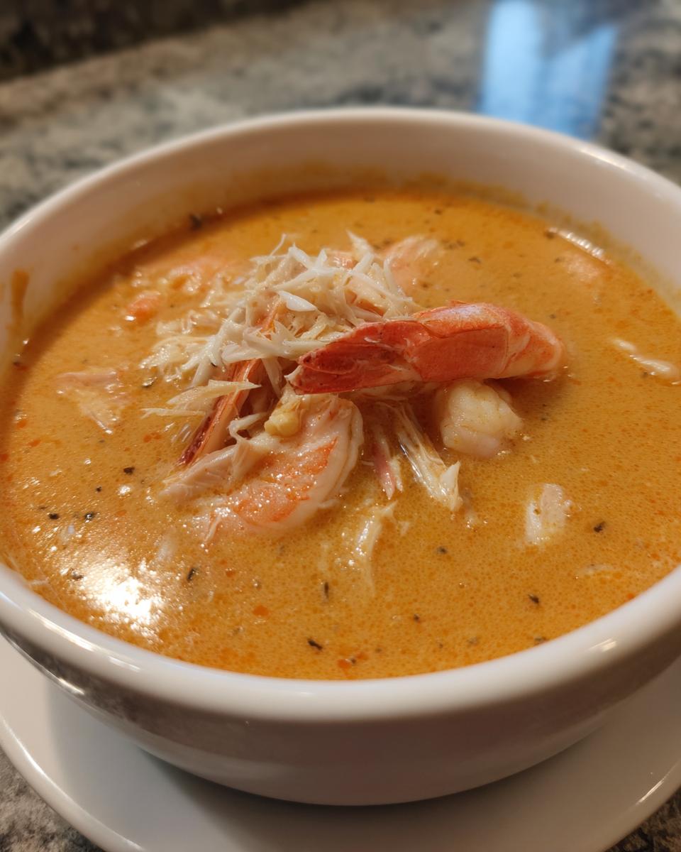 Close-up of a creamy orange seafood soup topped with cooked shrimp and shredded white crab meat.
