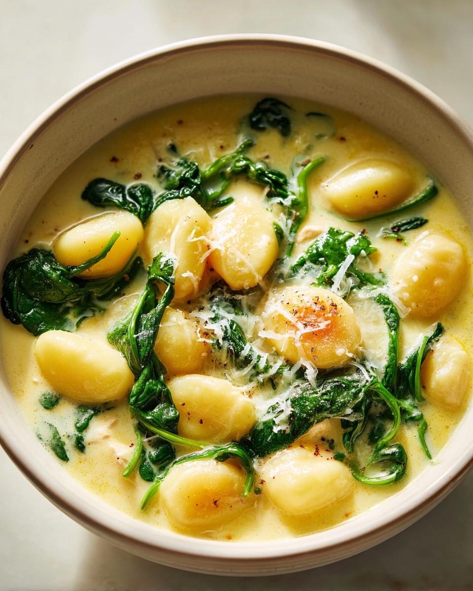 Close-up of a creamy gnocchi soup featuring tender gnocchi, wilted spinach, and grated Parmesan cheese.