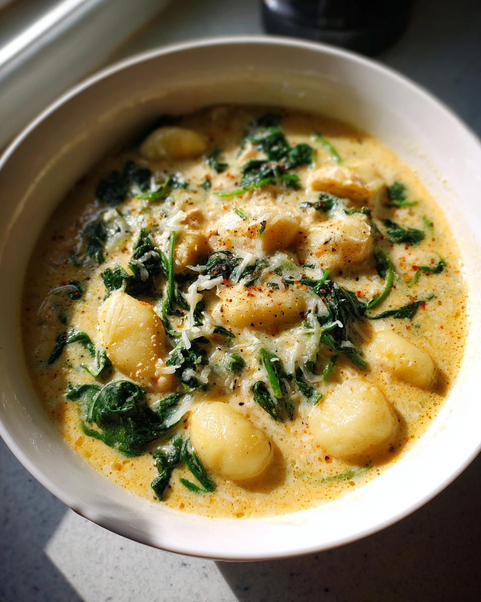 Close-up of a creamy gnocchi soup featuring soft potato dumplings, wilted spinach, and grated cheese.