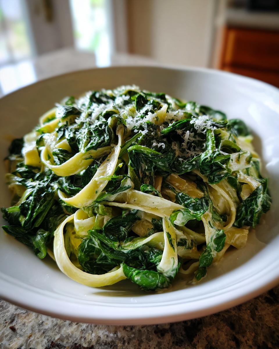 A close-up of creamy spinach pasta featuring fettuccine coated in sauce and topped with grated Parmesan cheese.