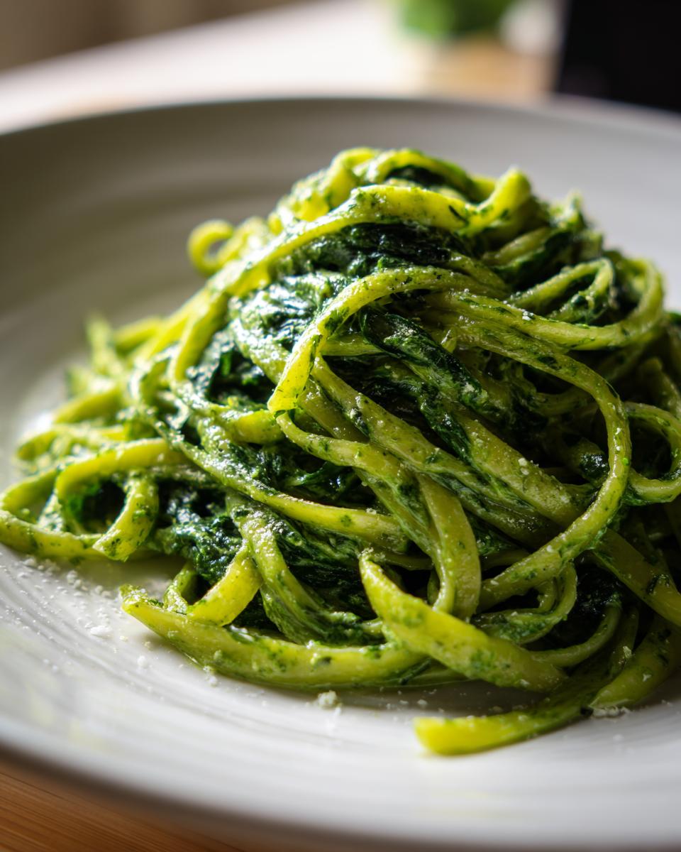 A close-up shot of creamy spinach pasta tossed in a vibrant green sauce, served on a white plate.