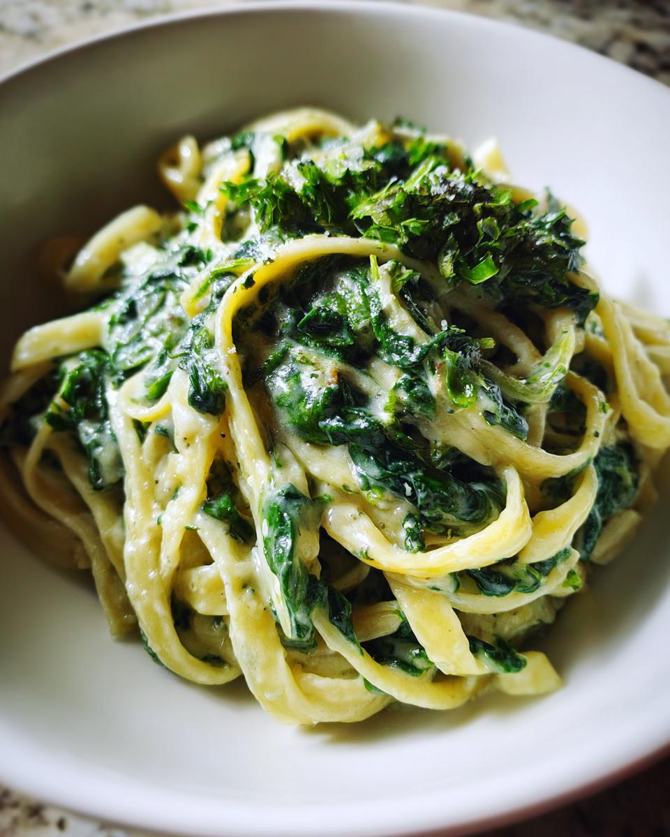 Close-up of creamy spinach pasta tossed in a rich white sauce and topped with fresh herbs.