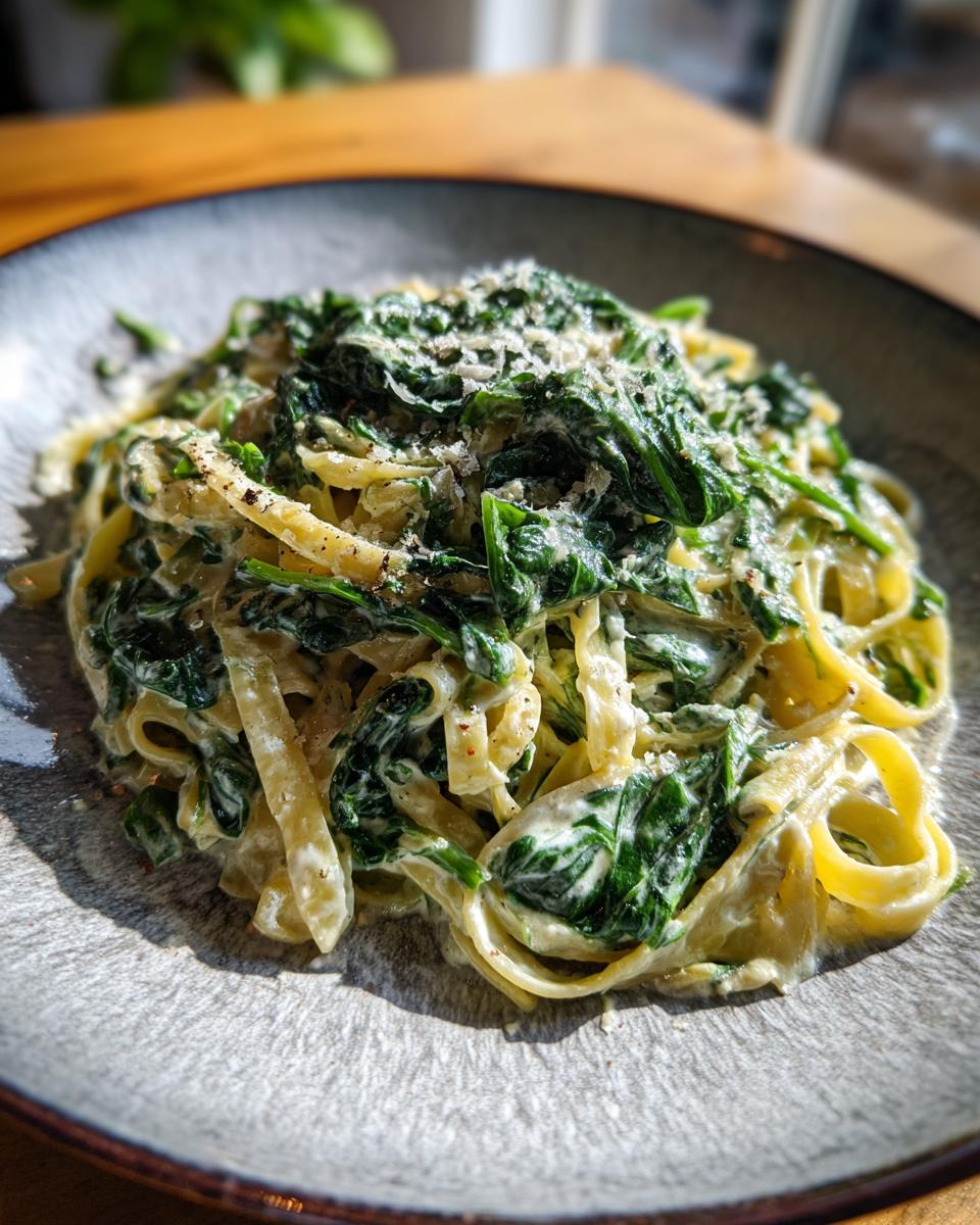 Close-up of creamy spinach pasta tossed in a light sauce and topped with grated Parmesan cheese.