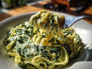 Close-up of creamy spinach pasta being lifted from a white bowl by a silver fork.