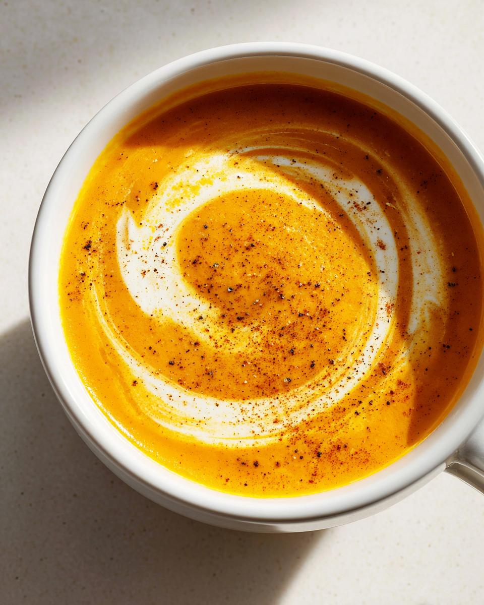 Overhead close-up of bright orange pumpkin soup garnished with a swirl of cream and black pepper.