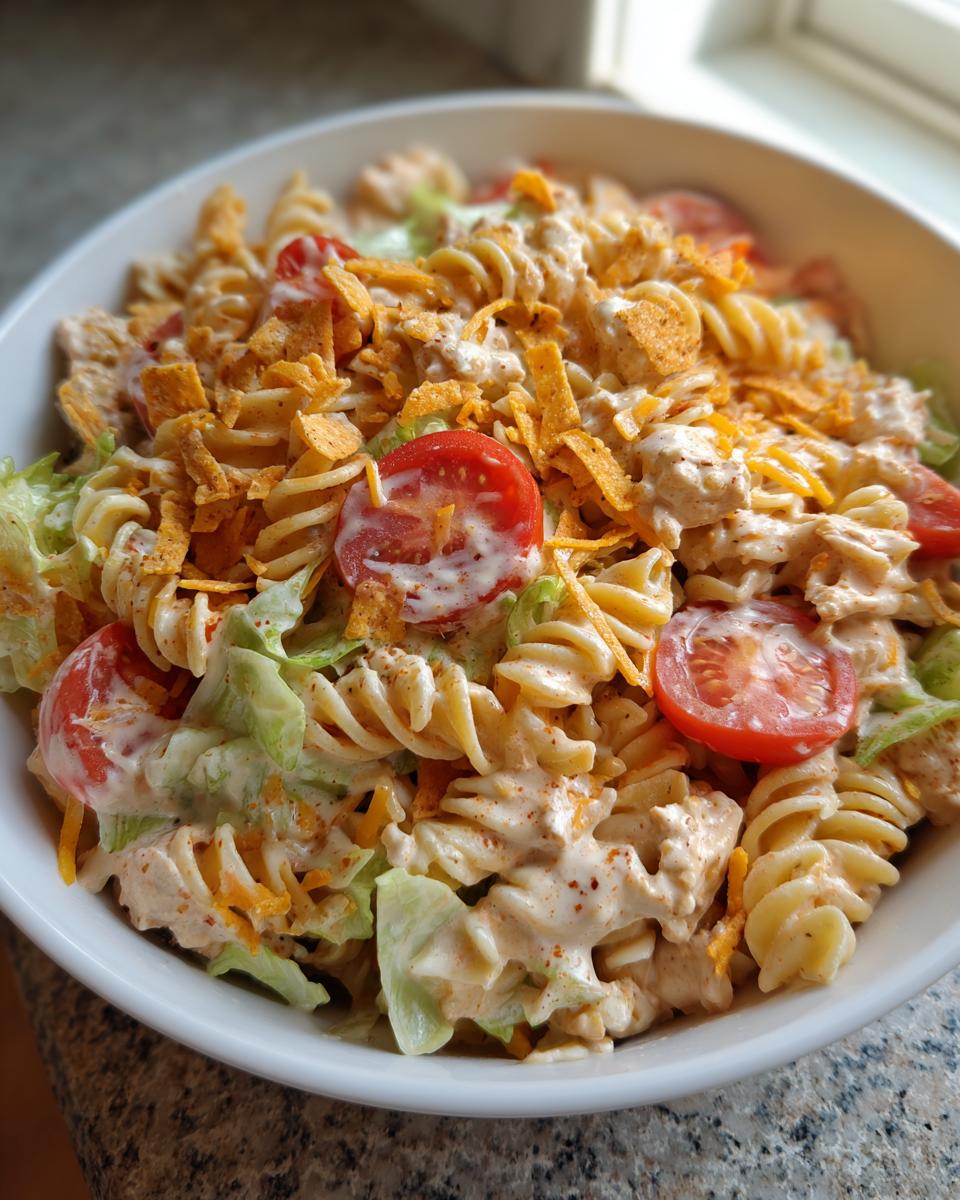 A close-up view of creamy taco pasta salad featuring rotini pasta, lettuce, tomatoes, and crushed tortilla chips.