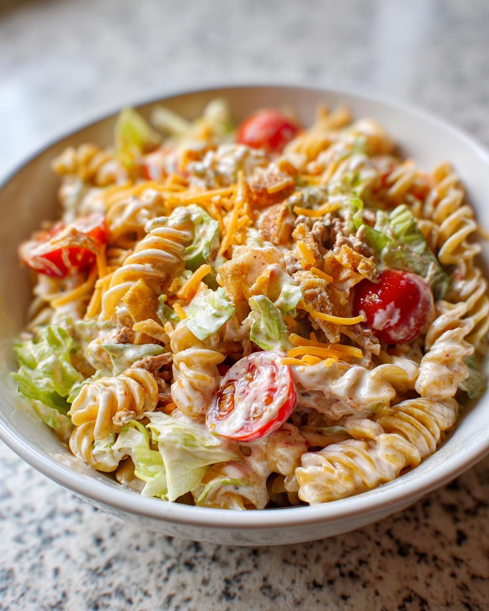 Close-up of a creamy taco pasta salad in a white bowl, featuring rotini pasta, lettuce, tomatoes, and shredded cheese.