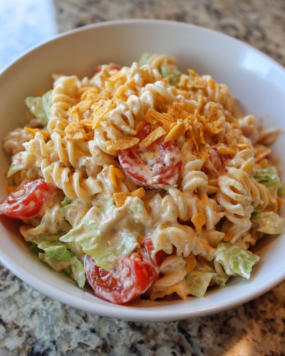 Close-up of a creamy taco pasta salad with rotini, tomatoes, lettuce, and crushed tortilla chips.