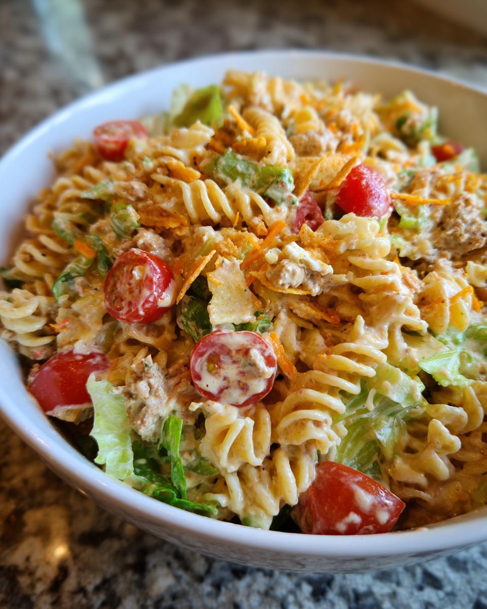 Close-up of a creamy taco pasta salad featuring rotini pasta, cherry tomatoes, lettuce, and crushed chips in a white bowl.