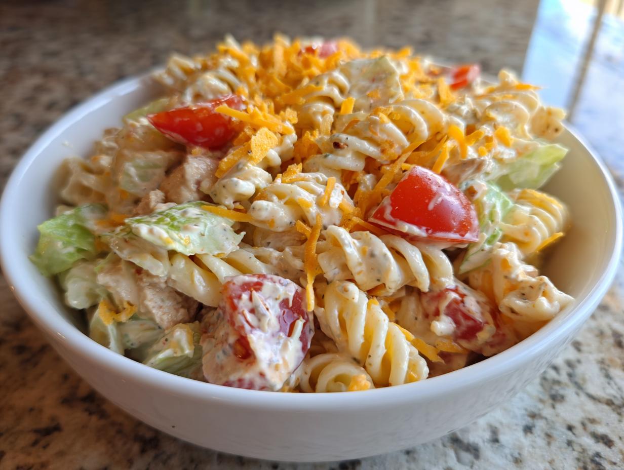 A close-up view of a creamy taco pasta salad featuring rotini pasta, chopped lettuce, tomatoes, and shredded cheddar cheese.
