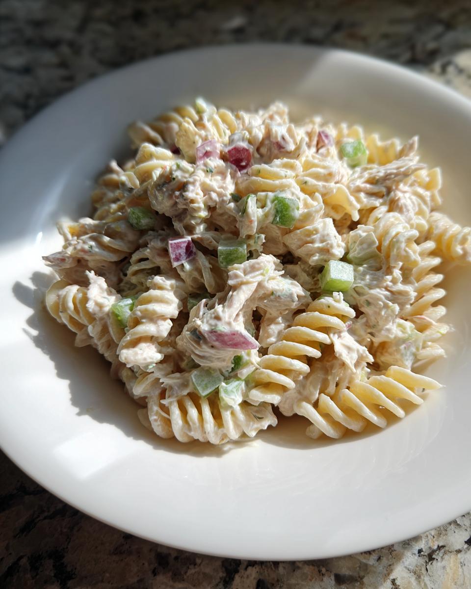 Close-up of creamy tuna pasta salad made with fusilli, celery, and red onion, served in a white bowl.