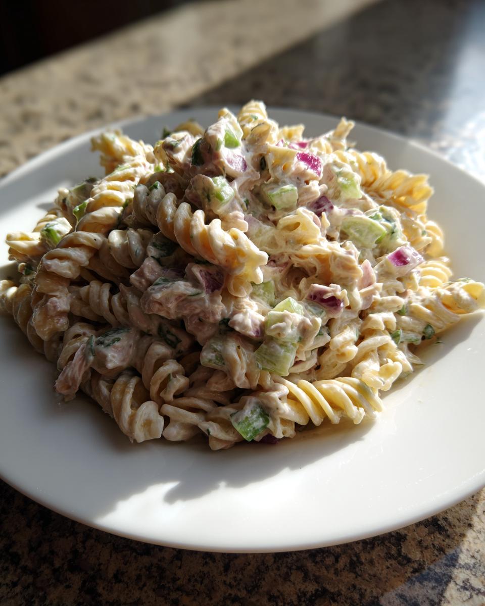 A serving of creamy Tuna pasta salad made with rotini pasta, celery, and red onion on a white plate.